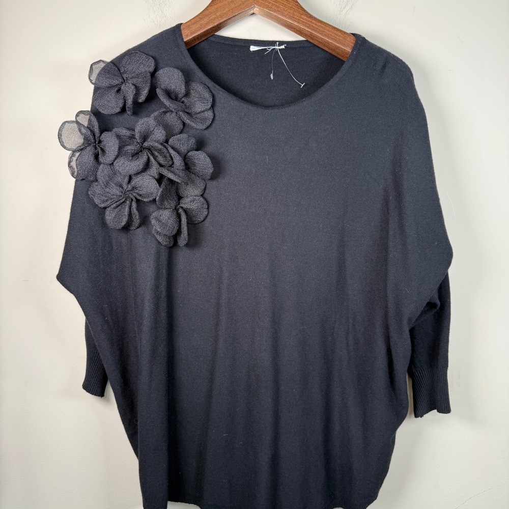 Vila Milano Black 3D Flower Applique Lightweight Soft Sweater 3x